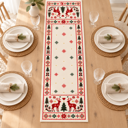 Nordic Reindeer Christmas Table Runner, Scandinavian Holiday Table Decor, Rustic Winter Dining Table Linen ac07bb13-183a-4931-940b-fb9b025a1f45-Ivory-Christmas-runner-in-airy-daylight-7.png