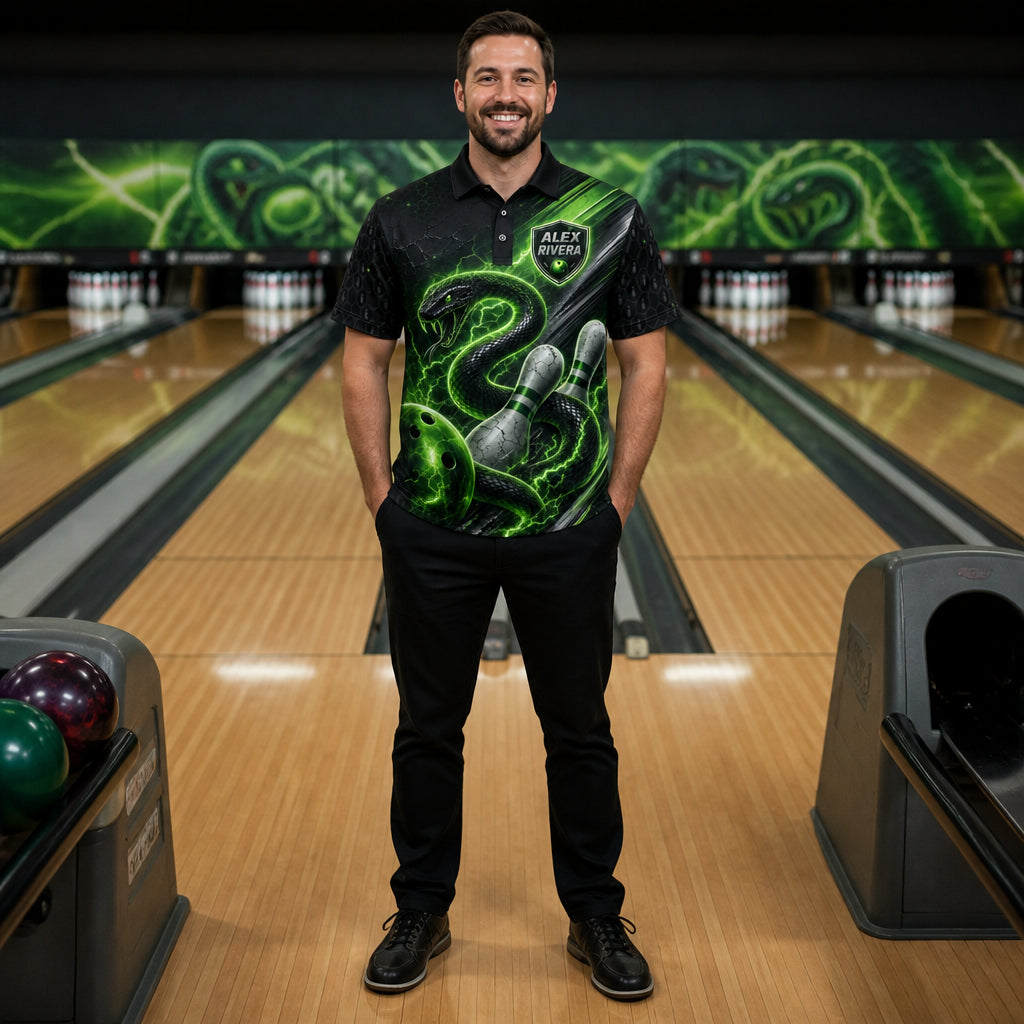 Personalized Electric Snake Bowling Polo Shirt – Custom Name, All-Over Print