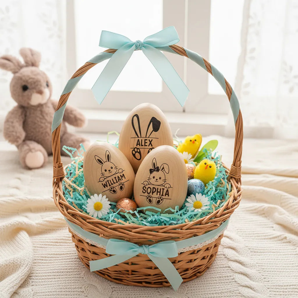 Adorable Bunny With Name - Personalized Wooden Easter Egg