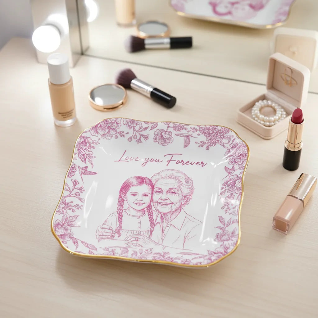 Custom Photo Pencil Sketch Loving Couple Family Pet - Personalized Ring Dish