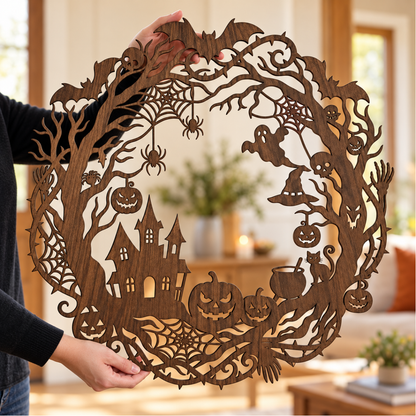 Haunted Hollow Halloween Wood Sign – Spooky Wood Sign Haunted House Wreath with Ghosts, Pumpkins & Bats, Gothic Front Door Decor af04c6b6-bb4a-4992-ad5d-b0d3b5f934fc-4.png