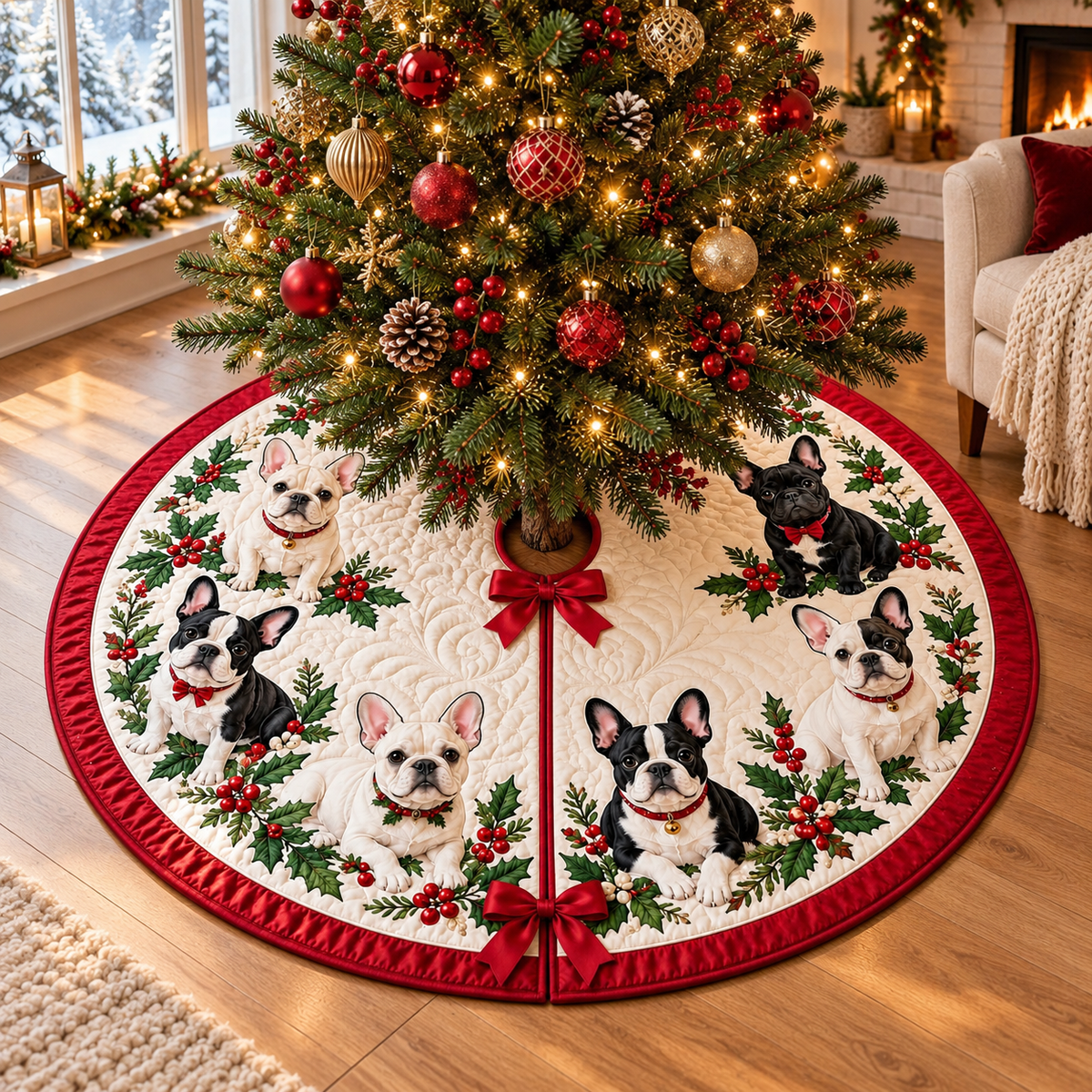 Quilted French Bulldog Christmas Tree Skirt – Festive Frenchie Design with Holly & Red Bows, Cozy Holiday Decor, Christmas Gift for Dog Lovers b0623173-3141-4ac2-be7b-40c34a409b97-banner-1.png