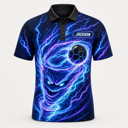 Personalized Electric Storm Bowling Polo Shirt – Custom Name, All-Over Print