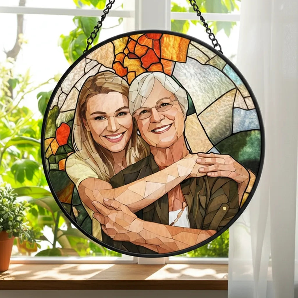 Custom Photo Portrait Couple Family - Personalized Stained Glass Window Hanging Suncatcher