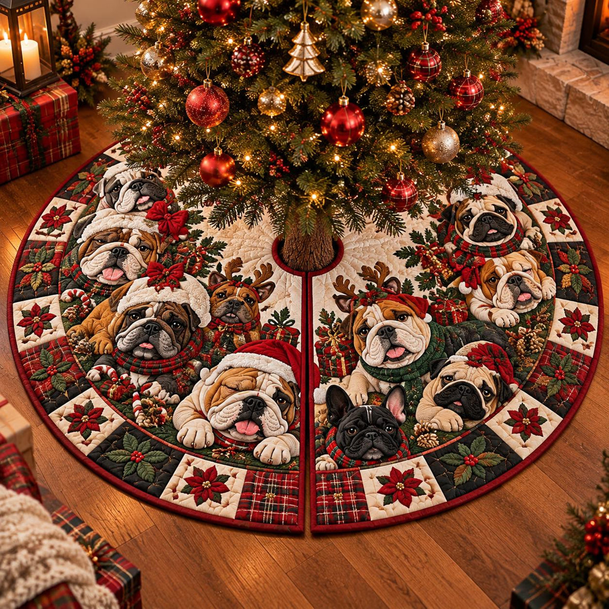 Quilted Bulldog Christmas Tree Skirt – Festive Bulldog Design with Holly & Red Bows, Cozy Holiday Decor, Christmas Gift for Dog Lovers b1defbae-223c-4812-b2dd-416195b335c6-1.jpg