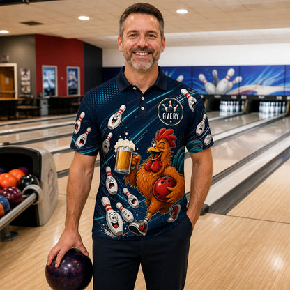 Personalized Rooster Bowling Polo Shirt – Custom Name, All-Over Print