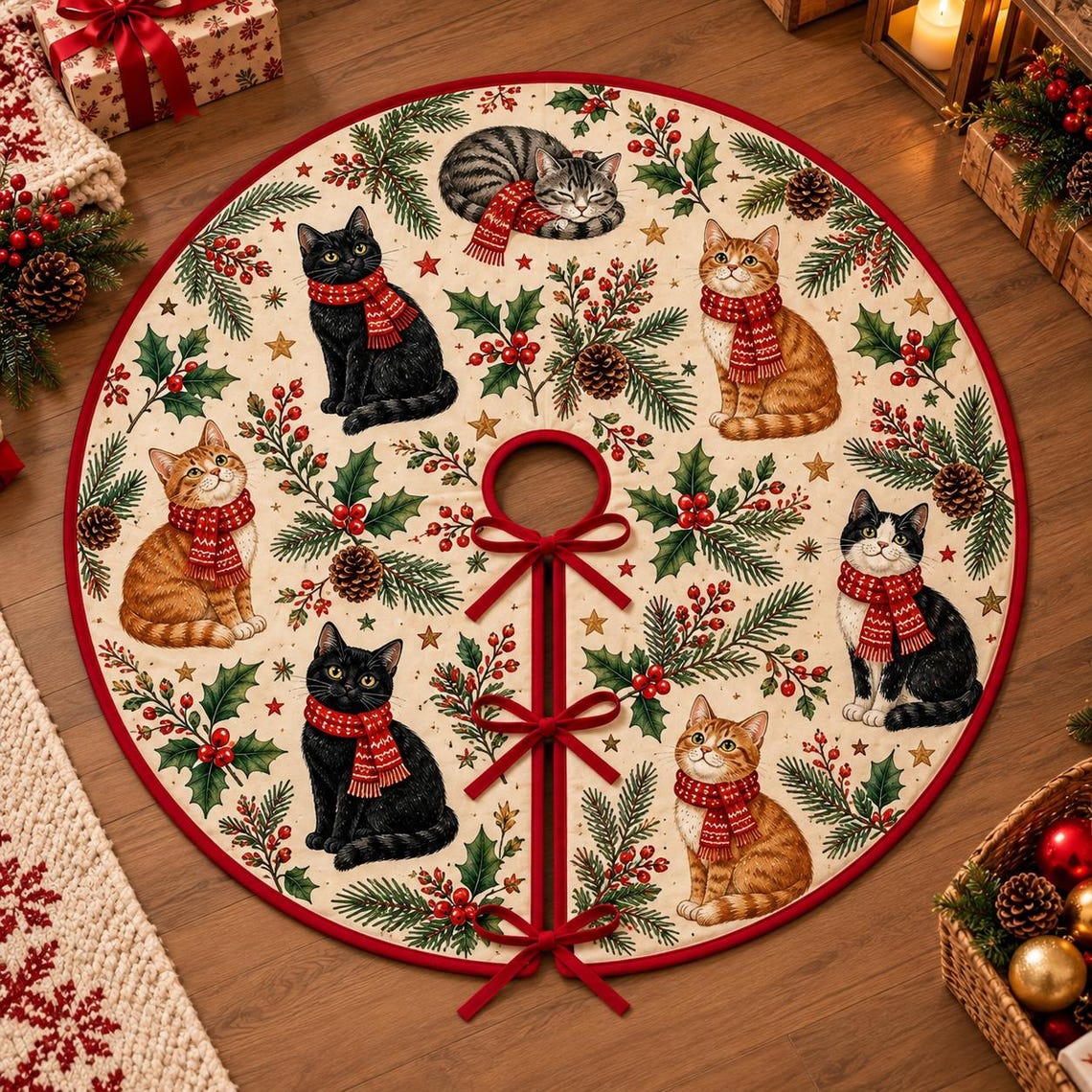 Black Cat Christmas Tree Skirt with Ribbon Ties, Tartan Plaid Cats Holiday Tree Skirt, Cat Lover Christmas Decor b43f47f1-591e-46a2-b6b1-e5bd940ce379-2.jpg