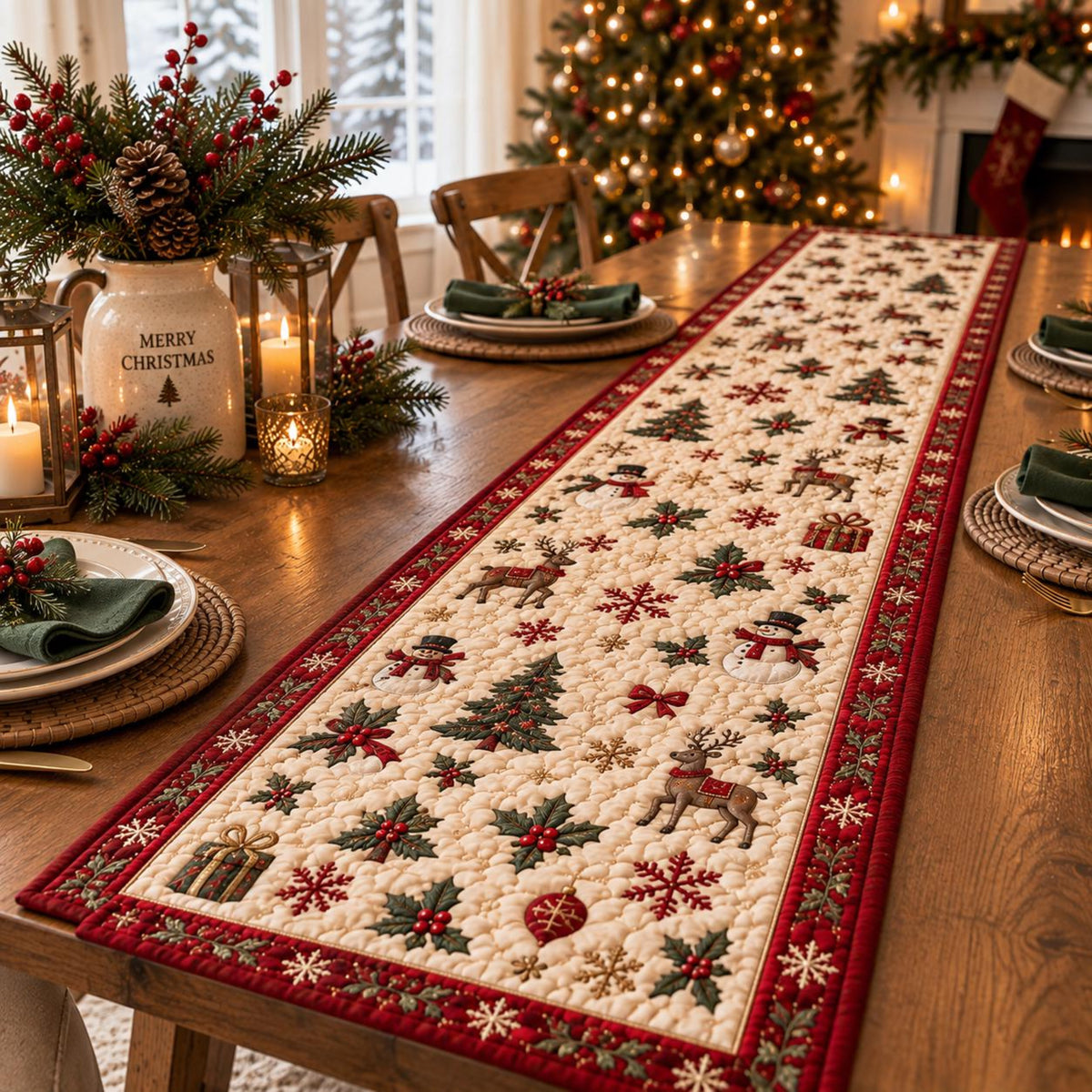 Christmas Quilt-Style Table Runner, Festive Snowman Reindeer Farmhouse Decor b4573ce8-99f7-4dff-b8d8-0b50374b1f71-4.jpg