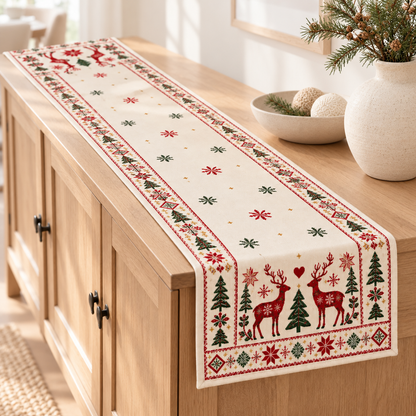 Nordic Reindeer Christmas Table Runner, Scandinavian Holiday Table Decor, Rustic Winter Dining Table Linen b48a755b-fb90-4e6d-9c60-ddf34f24de54-Scandinavian-Christmas-Runner-in-Soft-Daylight-6.png