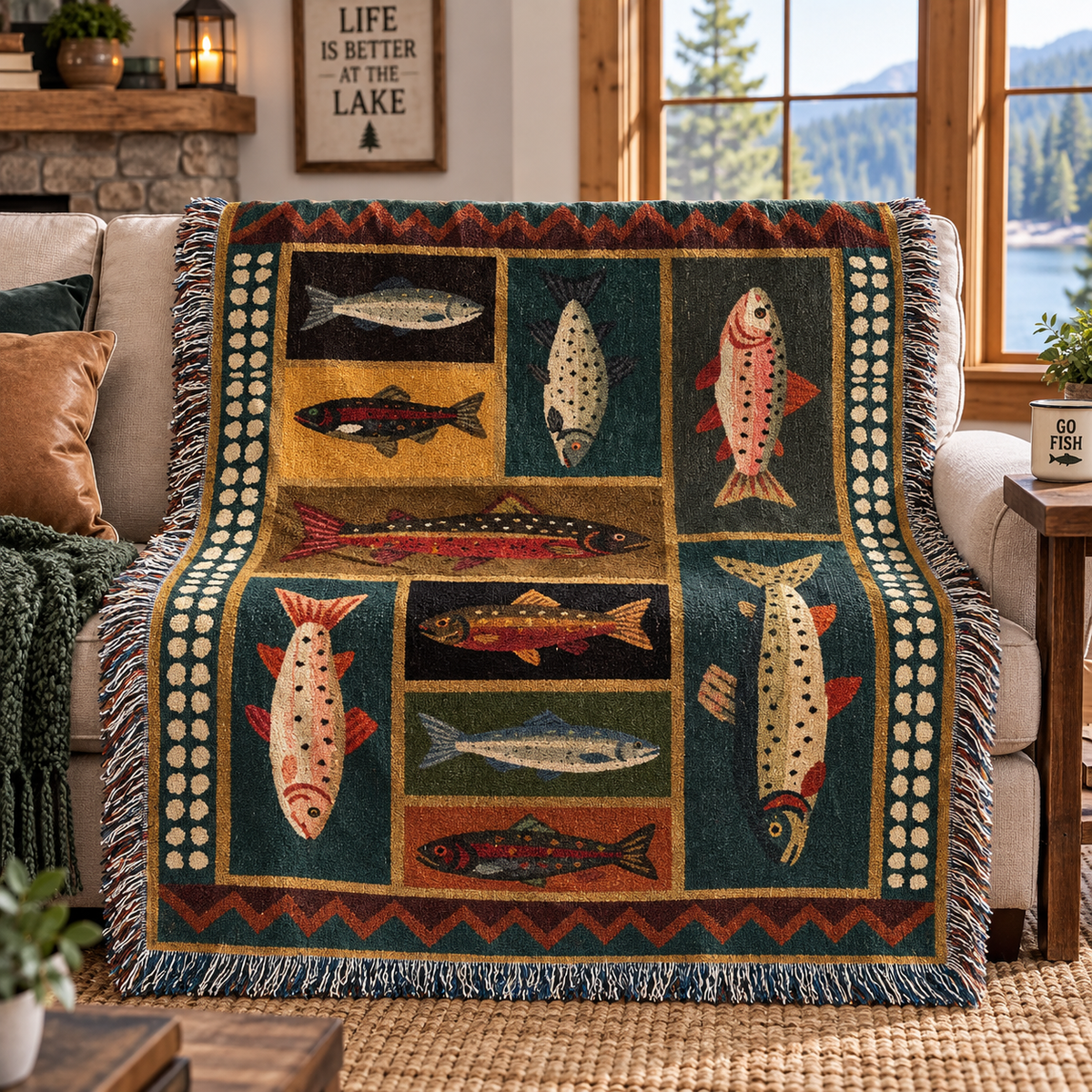 Rustic Mountain Fish Woven Blanket, Western Lodge Trout & Salmon Throw, Country Cabin Tapestry, Fishing Lover Home Decor b4c2622e-6bb1-491b-ba0c-b366bff9c471-l3.png