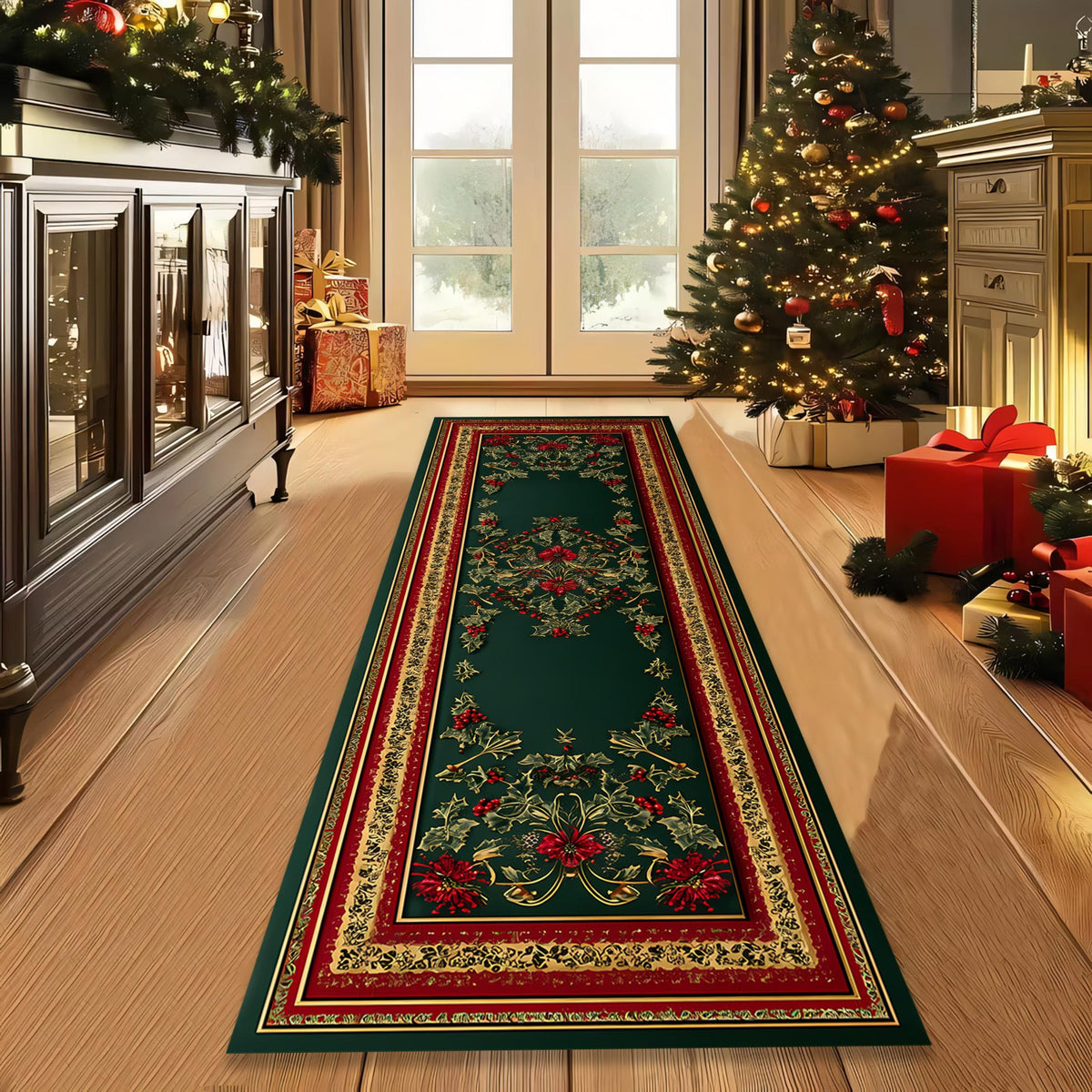 Luxury Christmas Poinsettia Runner Rug, Elegant Green and Red Holiday Carpet with Gold Floral Design for Hallway, Entryway,Living Room Décor b59d1143-a0d3-479e-a32f-7b52b357ddb1-2.jpg