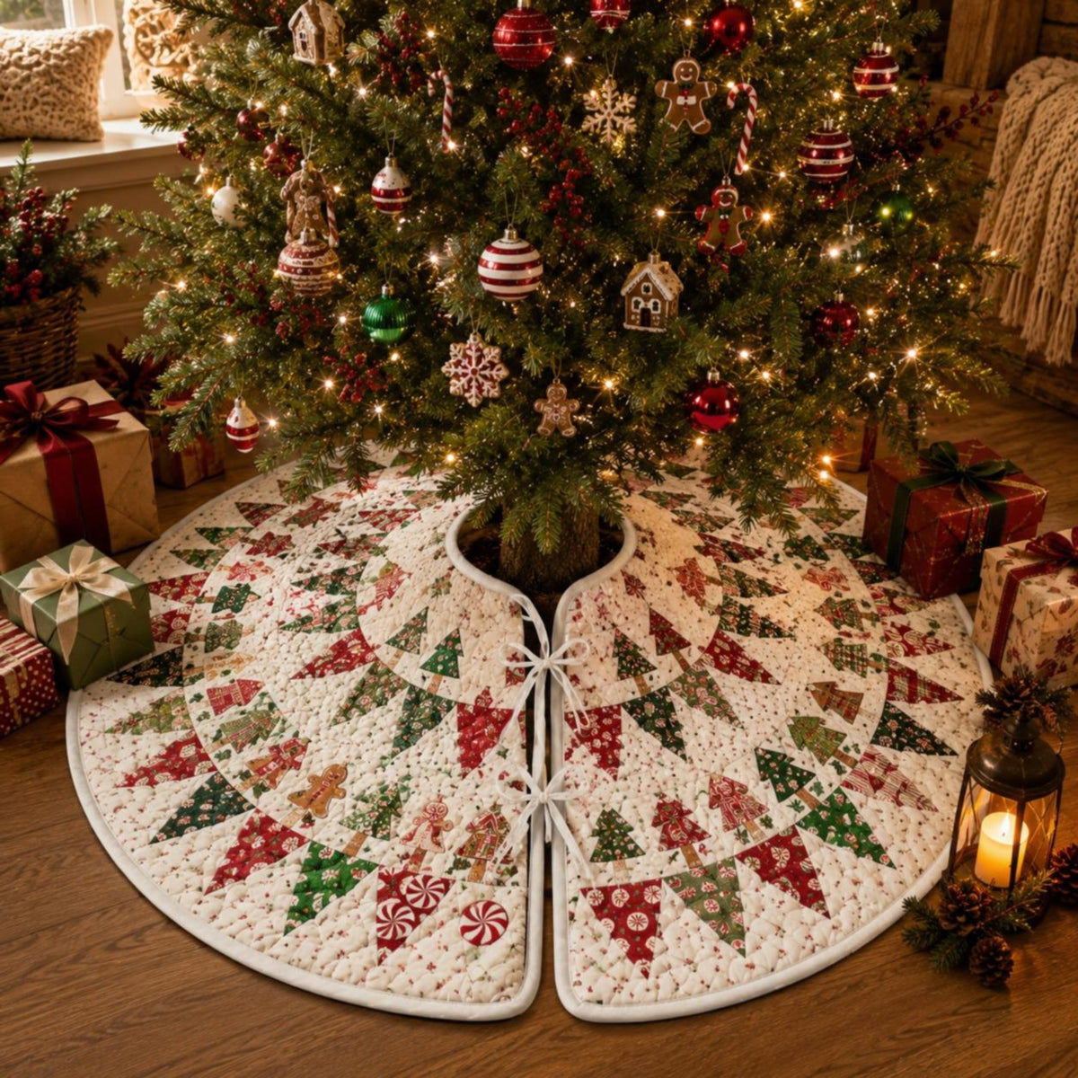 Gingerbread Christmas Tree Skirt, Red & Green Patchwork Holiday Tree Decor b5f14b7a-f43b-4d88-b328-81eba6480212-1.jpg