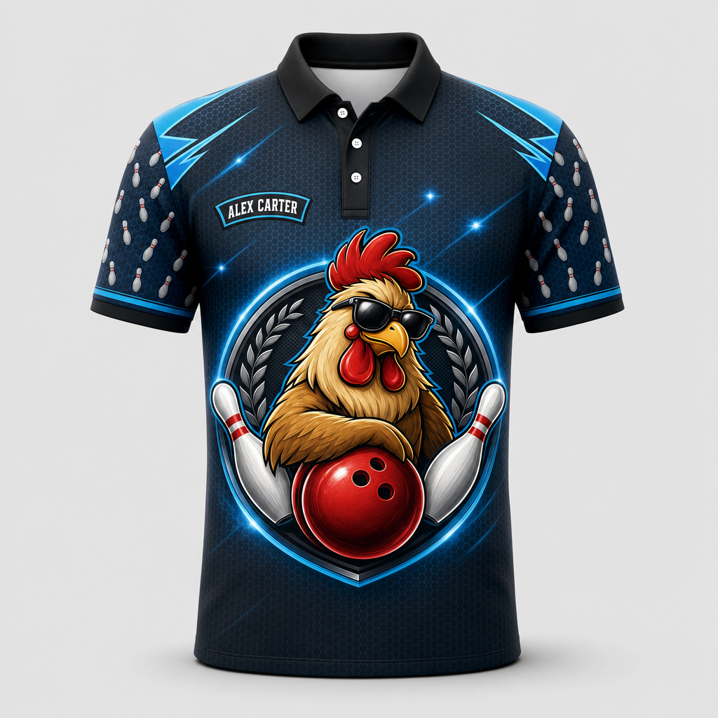 Personalized Rooster Bowling Polo Shirt – Custom Name, All-Over Print