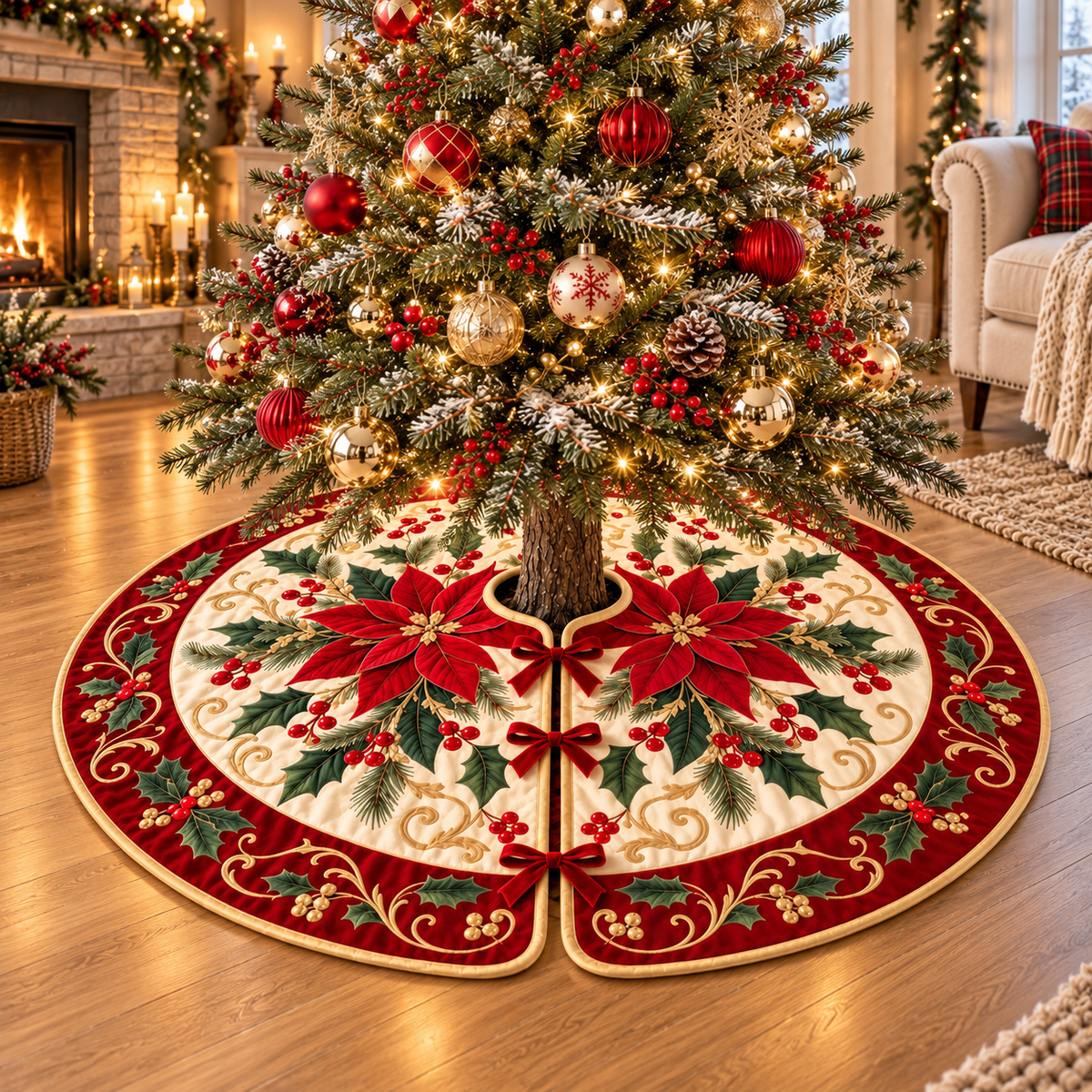Poinsettia Christmas Tree Skirt, Red and Gold Floral Holiday Decor, Soft Velveteen Tree Stand Cover b85366a5-3fea-4222-beeb-e8f49b161bc9-banner-1.png