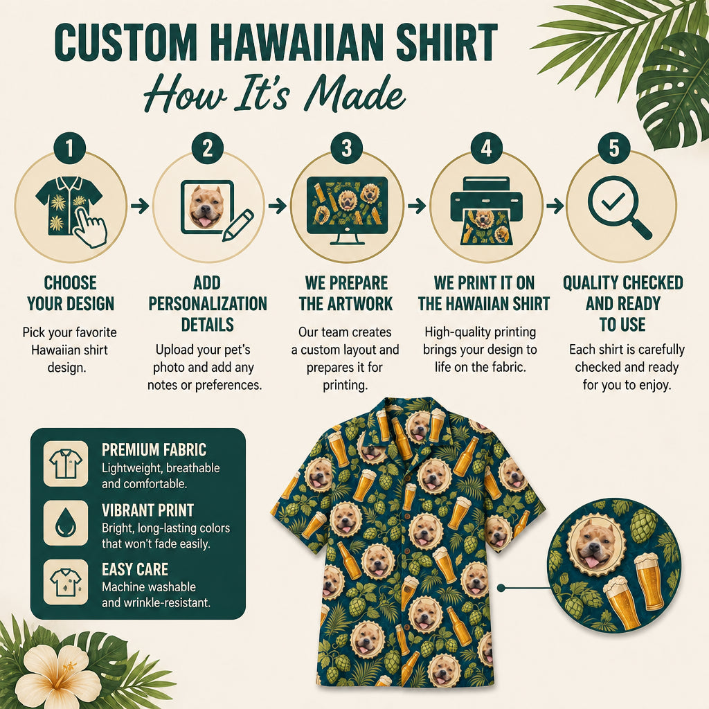 Custom Pet Face x Beer Pattern Hawaiian Shirt - How to customize