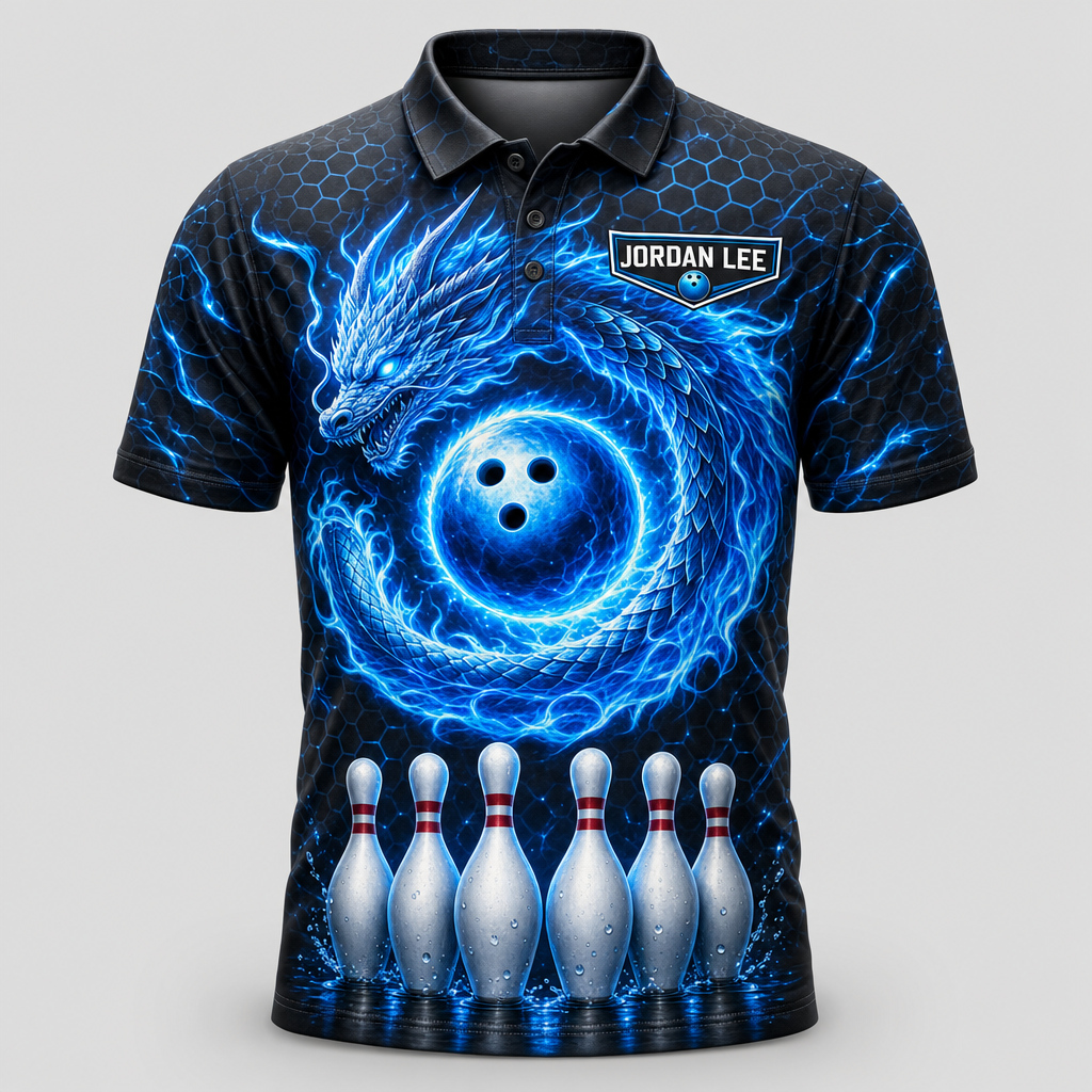 Personalized Ice Dragon Bowling Polo Shirt – Custom Name, All-Over Print