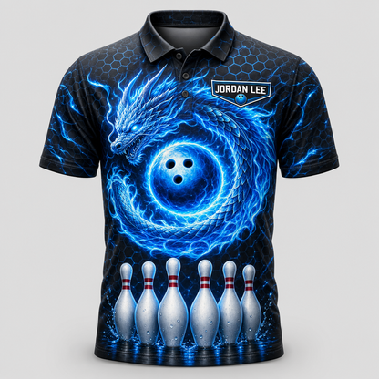 Personalized Ice Dragon Bowling Polo Shirt – Custom Name, All-Over Print