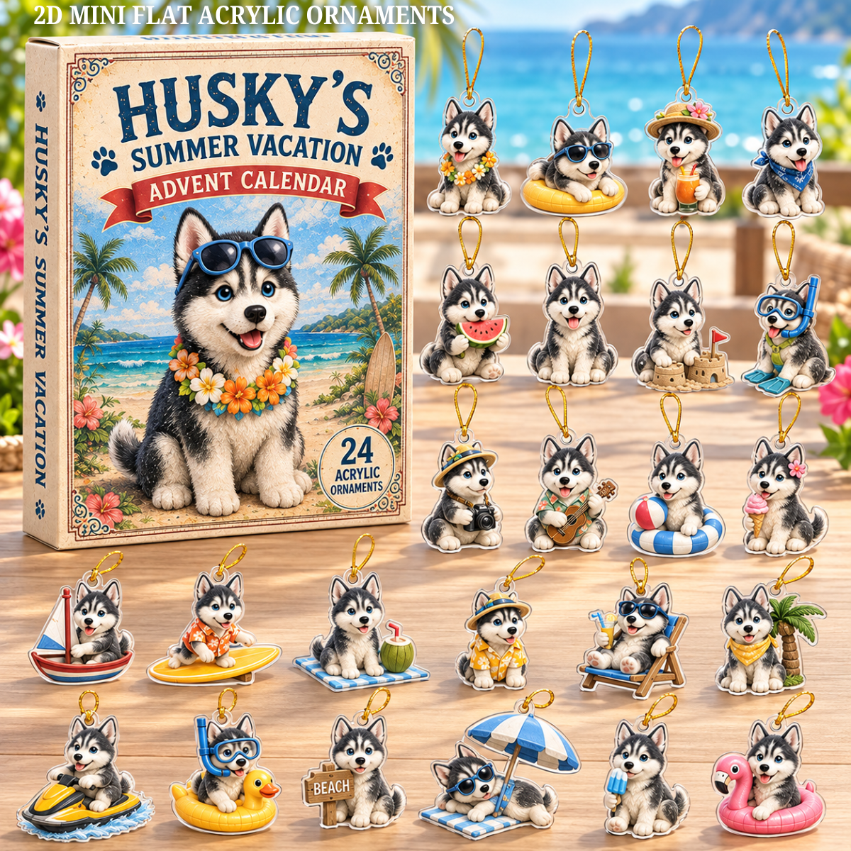 Husky Summer Vacation Advent Calendar 2026 - 24-Day Festive Countdown, Acrylic Charms Blind Box - Gift For Dog Lovers baab193a-2e0d-4b0d-8b6a-d291f547f210-summer-husky-text.png