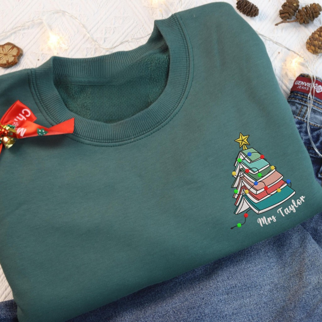 Personalized Teacher Name Christmas Book Tree Embroidered Sweatshirt, Merry Teacher Xmas Sweater, Woman Holiday Shirt for Librarian Gift banner-1_c6c6521d-71f0-4370-a093-43443c223992.png