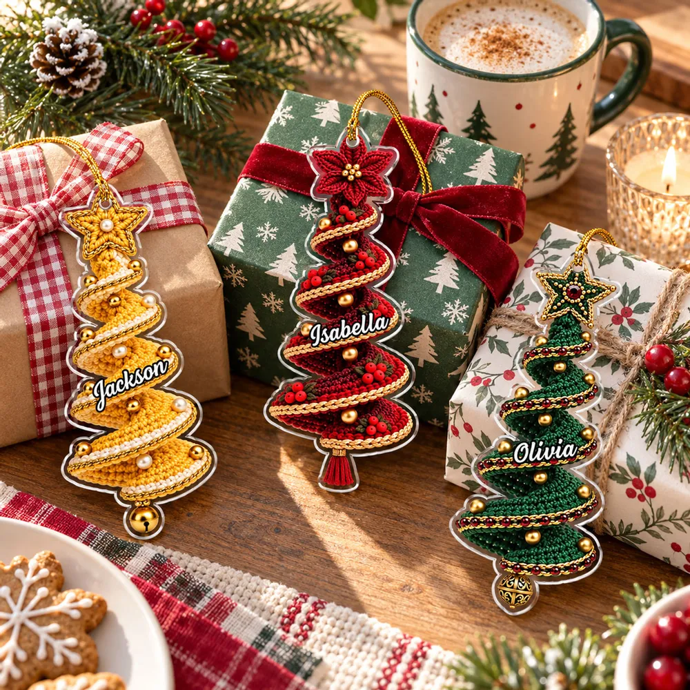 Crochet Christmas Tree 2D Flat Ornament - Personalized Shape Ornament - Christmas Gift For Family