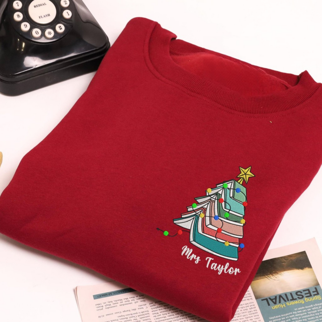 Personalized Teacher Name Christmas Book Tree Embroidered Sweatshirt, Merry Teacher Xmas Sweater, Woman Holiday Shirt for Librarian Gift banner-5_8fac64d3-1d21-478c-a011-8ef0ad778e82.png
