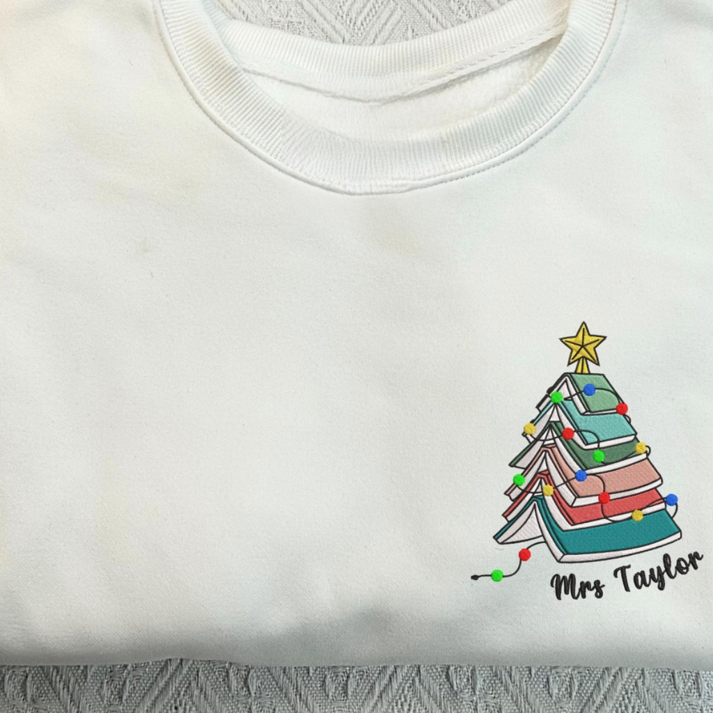 Personalized Teacher Name Christmas Book Tree Embroidered Sweatshirt, Merry Teacher Xmas Sweater, Woman Holiday Shirt for Librarian Gift banner-6_b5c6f64b-c3d4-46e6-bc5d-ebcf9774ed36.png