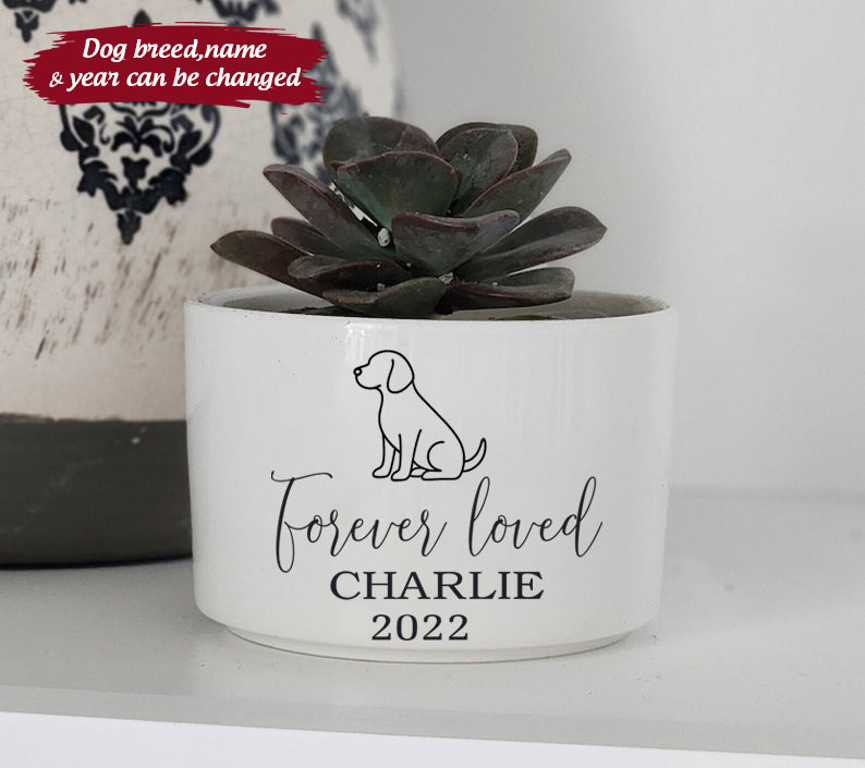 Personalized Dog Memorial Gift Planter - White Ceramic Pot w/ Bamboo Tray - Forever Loved - Dog Sympathy Gift - Pet Memorial Customize With Dog Breed banner12.7.jpg