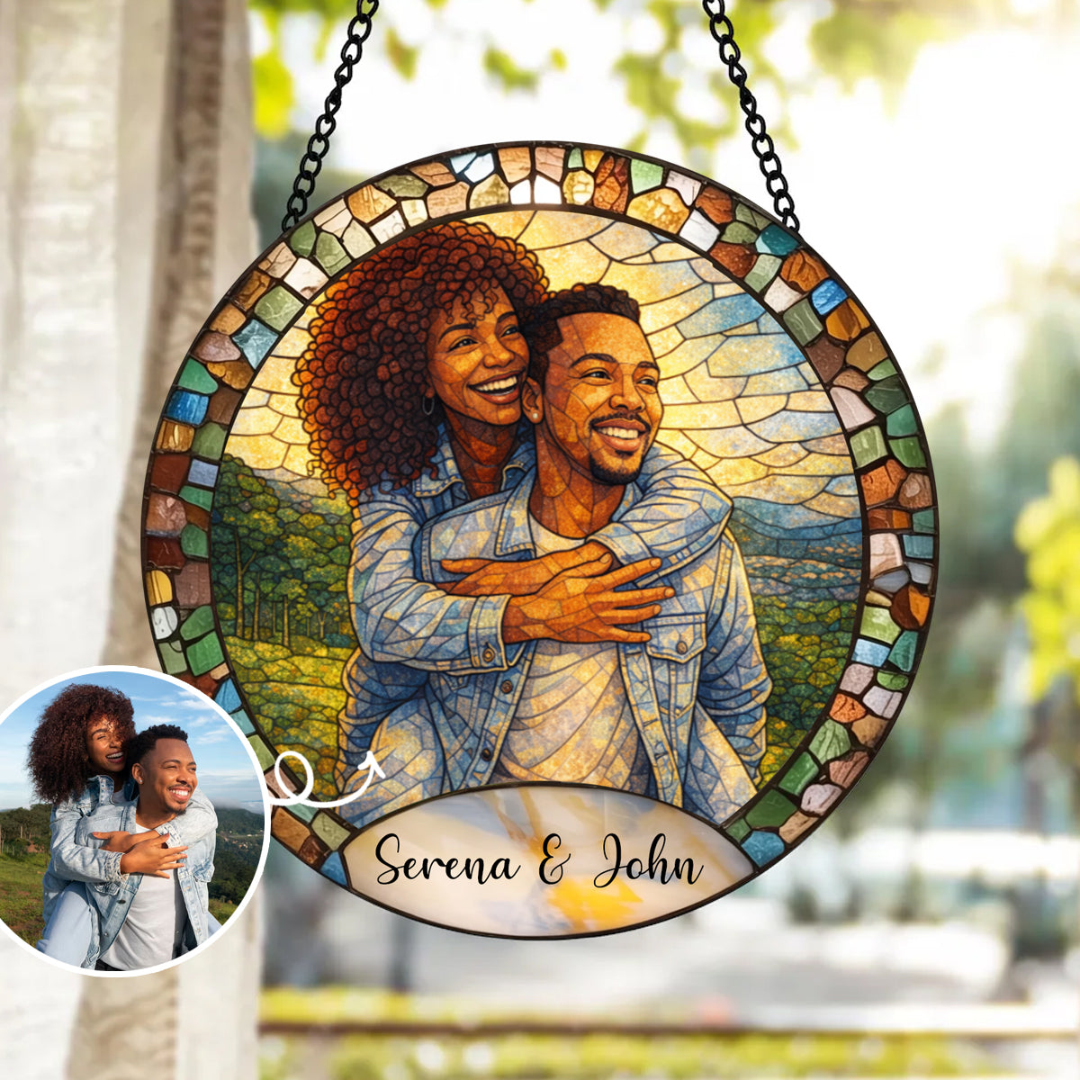 Custom Photo Mosaic Window Hanging Personalized Stained Glass Couple Suncatcher - Anniversary Wedding Gift
