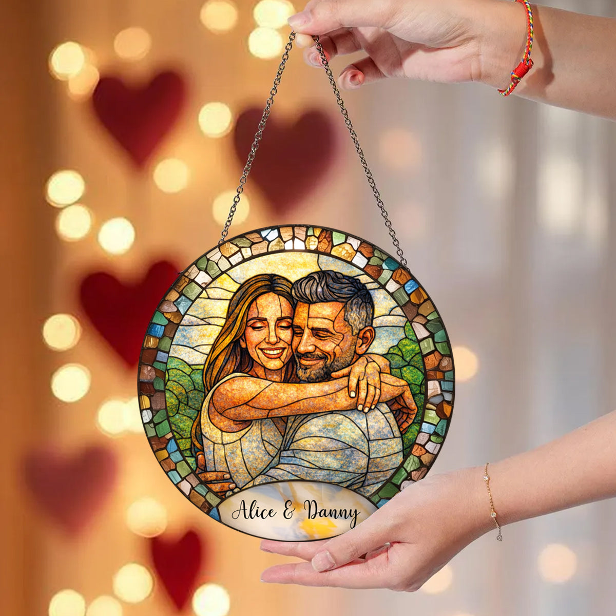 Custom Photo Mosaic Window Hanging Personalized Stained Glass Couple Suncatcher - Anniversary Wedding Gift