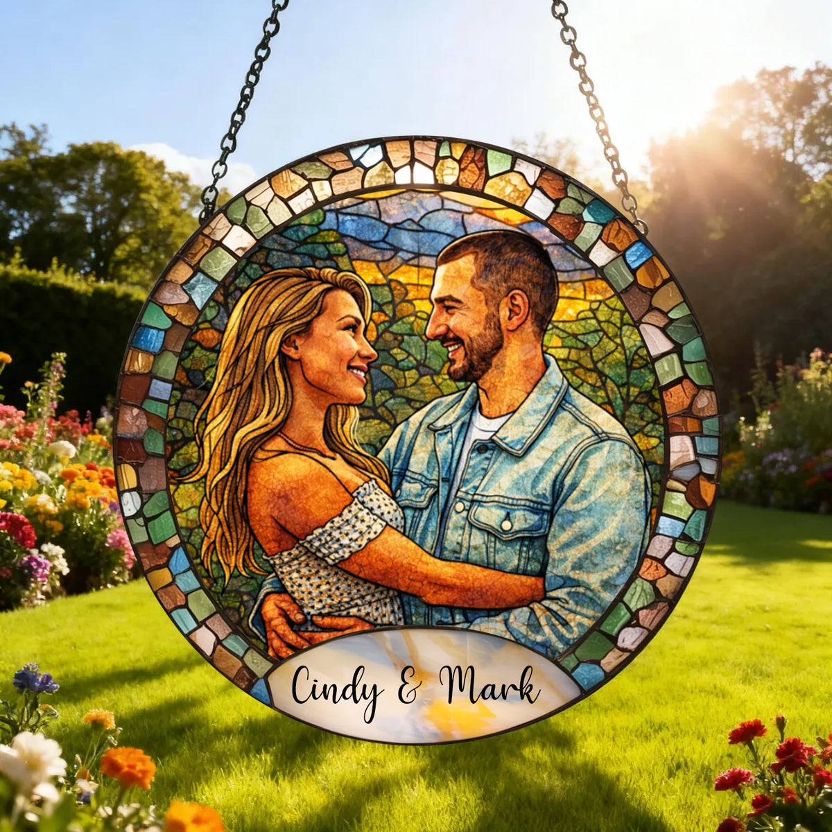Custom Photo Mosaic Window Hanging Personalized Stained Glass Couple Suncatcher - Anniversary Wedding Gift