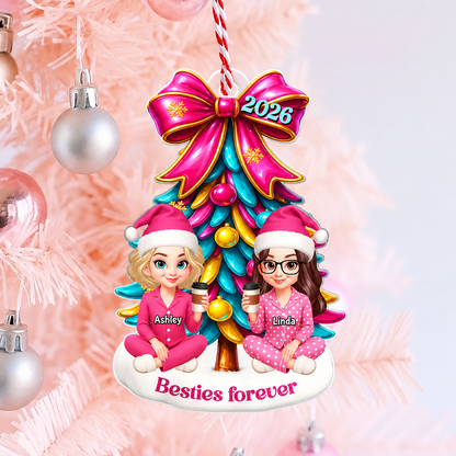 Besties Sitting Under Pink Christmas Tree Personalized Acrylic Ornament, Christmas Gift for Best Friends, Sisters