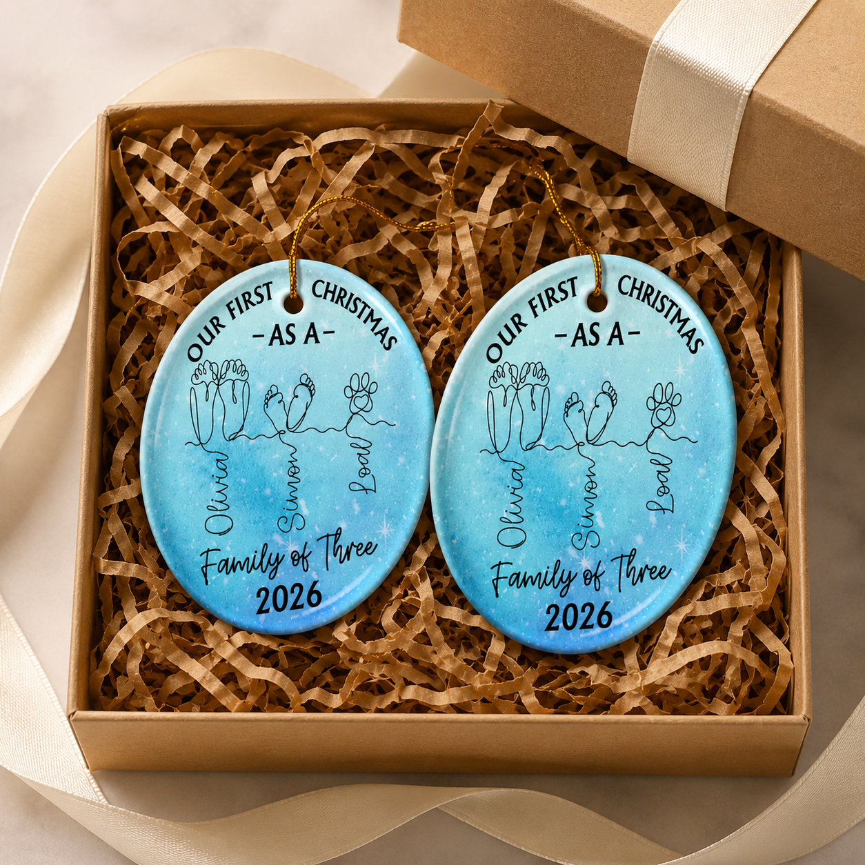 Family Footprint One Line Art First Christmas As A Family Of Three - Personalized Circle Ceramic Ornament