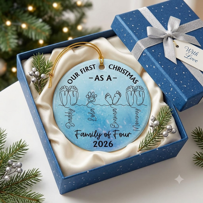 Family Footprint One Line Art First Christmas As A Family Of Three - Personalized Circle Ceramic Ornament