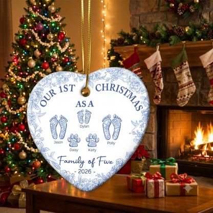 First Christmas As A Family Of Four Toile Footprints - Personalized Heart Ceramic Ornament
