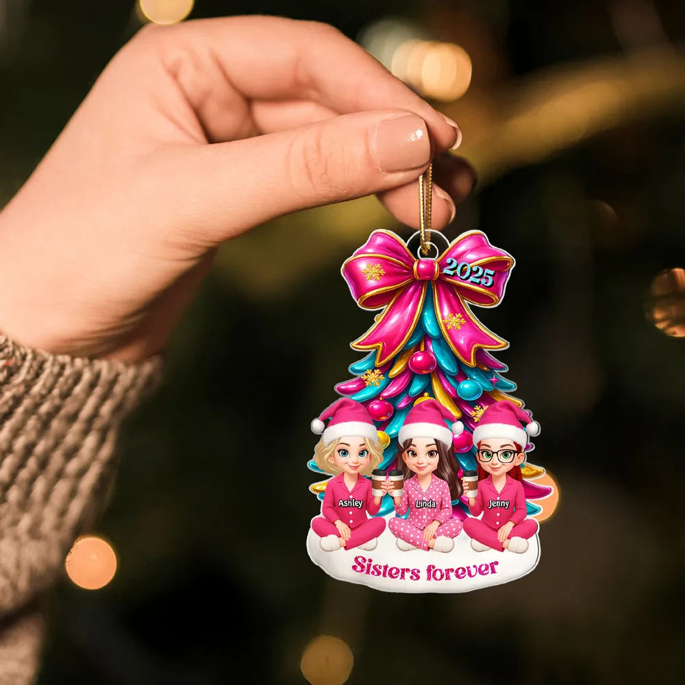 Besties Sitting Under Pink Christmas Tree Personalized Acrylic Ornament, Christmas Gift for Best Friends, Sisters