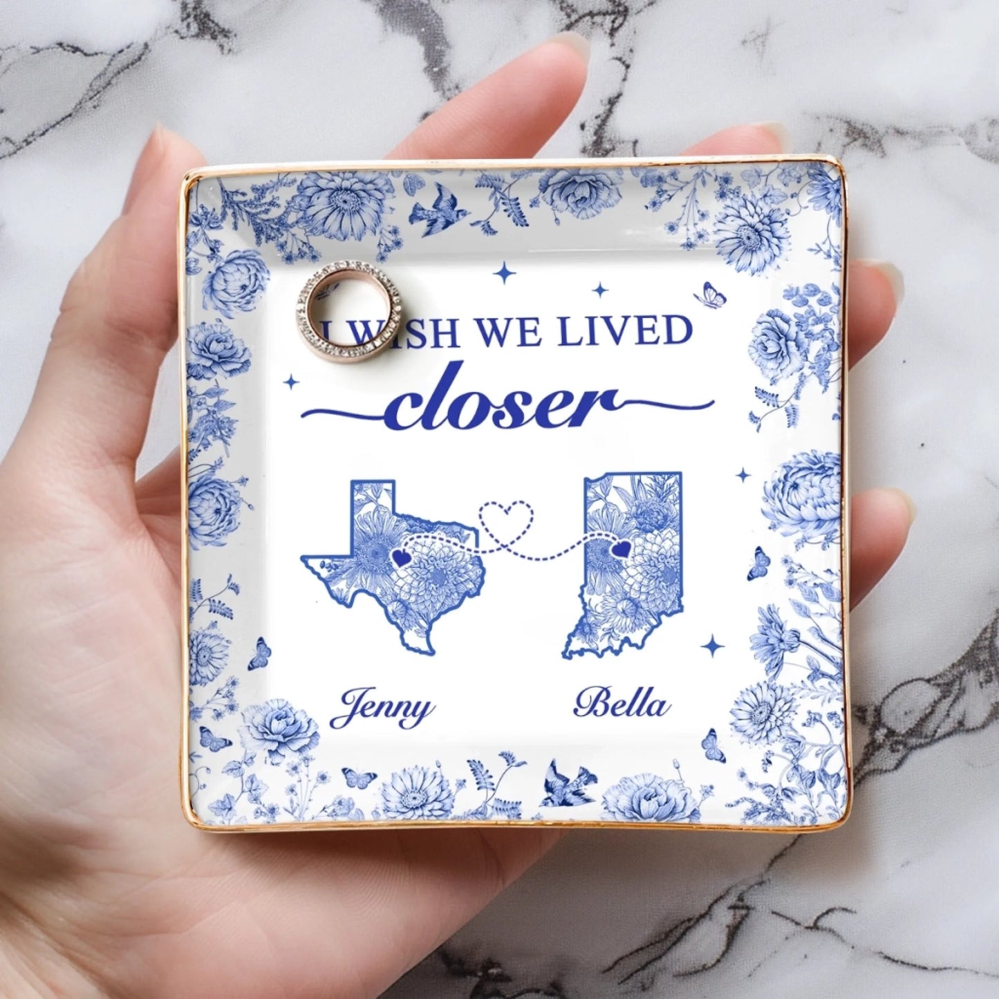 Custom Long Distance Full-Print Jewelry Dish - Personalized Best Friend Birthday Gifts For Women, Besties, Sisters, BFF - Miles Apart, Hearts Together