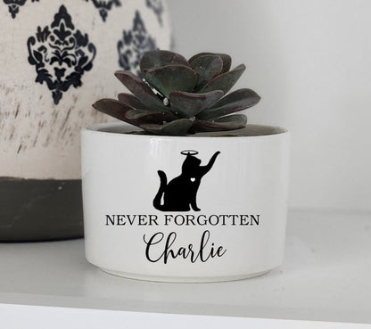 Memorial planter, Cat memorial gift, Remembrance gift, pet memorial gift, loss of pet, loss of cat, custom flower pot, Never Forgotten bannermemorialcat.jpg