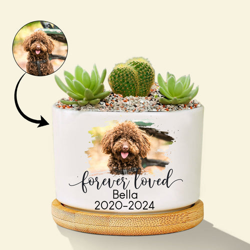 Personalized Dog Photo Memorial Gift Planter Ceramic Pot w/ Bamboo Tray - Forever Loved - Dog Sympathy Gift - Pet Memorial bannermemorialdogphoto.jpg