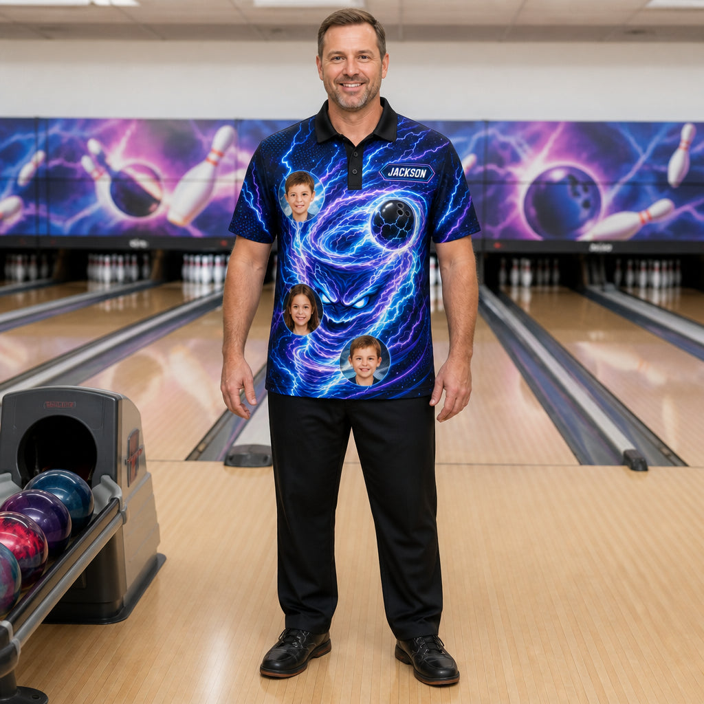 Personalized Electric Storm Bowling Polo Shirt – Custom Name, All-Over Print