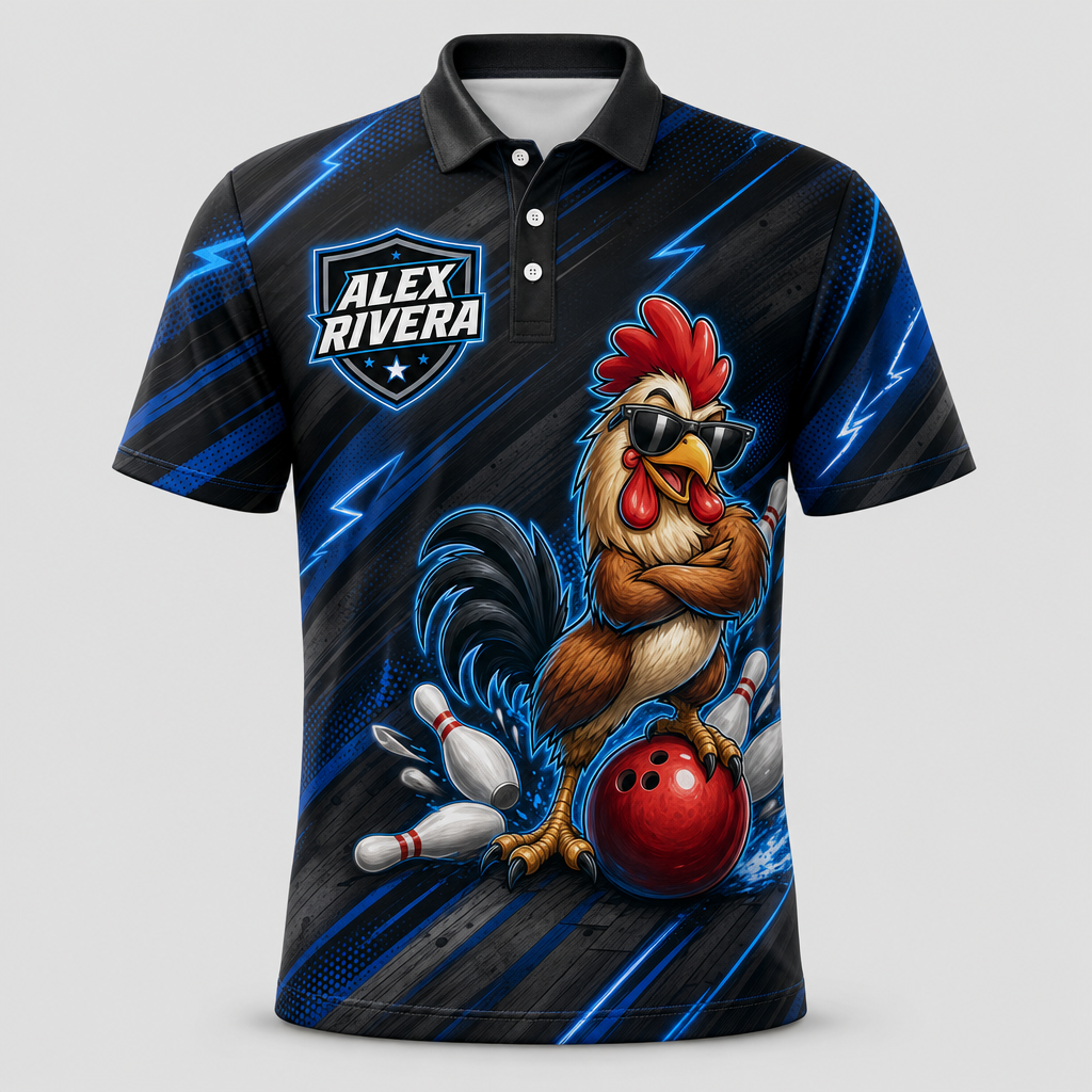 Personalized Striking Rooster Bowling Polo Shirt – Custom Name, All-Over Print