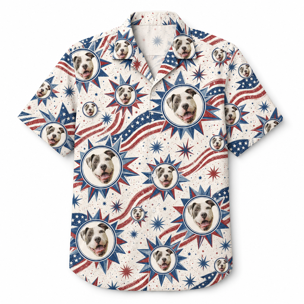 Custom Pet Face Patriotic Hawaiian Shirt - Hero