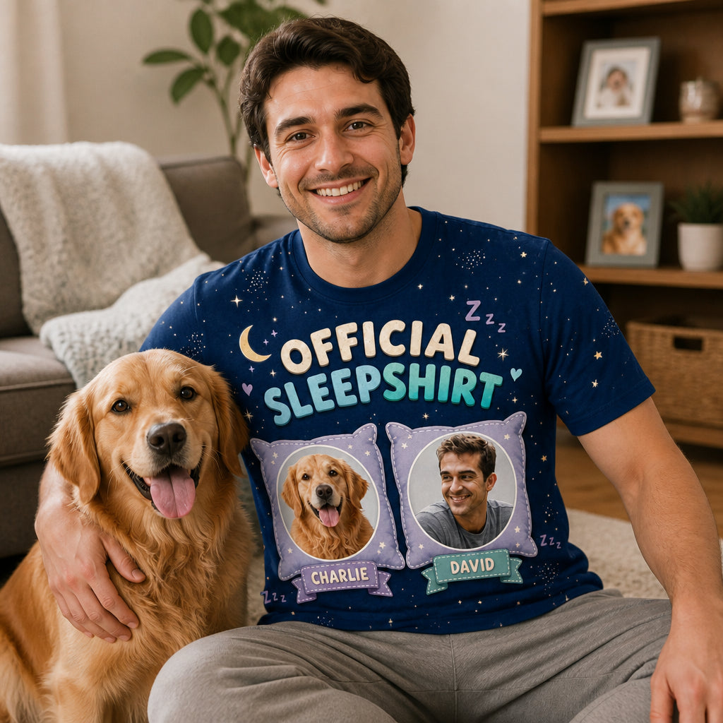 Official Sleepshirt — Pet + Owner Photo AOP Tee - Lifestyle 1