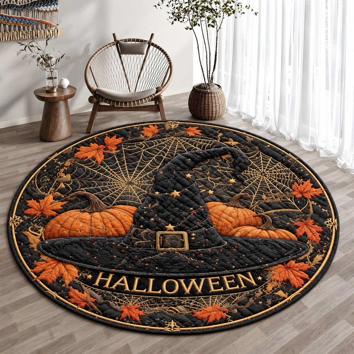 Round Halloween Rug with Witch Hat and Pumpkin Design, Gothic Autumn Home Decor Carpet, Spooky Fall Living Room Accent Floor Mat be89136d-d00c-4313-957c-683c9e041a36-banner-1.png