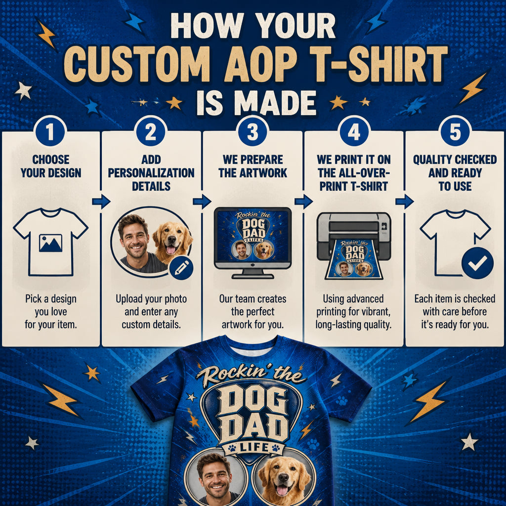 Rockin’ The Dog Dad Life – Custom Face & Pup AOP Tee - How it is made