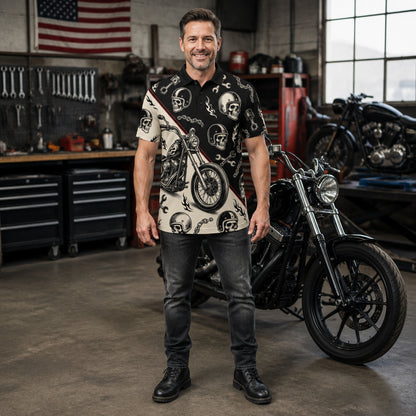 Biker Skull & Chopper AOP Polo – Black/Cream with Red Pinstripes - Polo shirt - All over printed bf3c1e61-c039-4f44-8556-c8b70cd5ee89.jpg