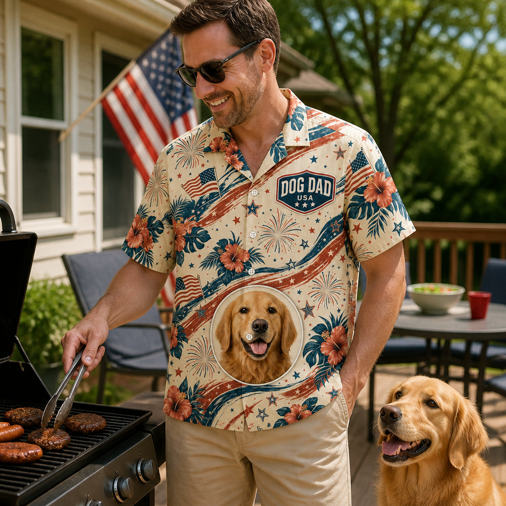 Patriotic Dog Dad Hawaiian Shirt — Custom Pet Photo - Lifestyle 1
