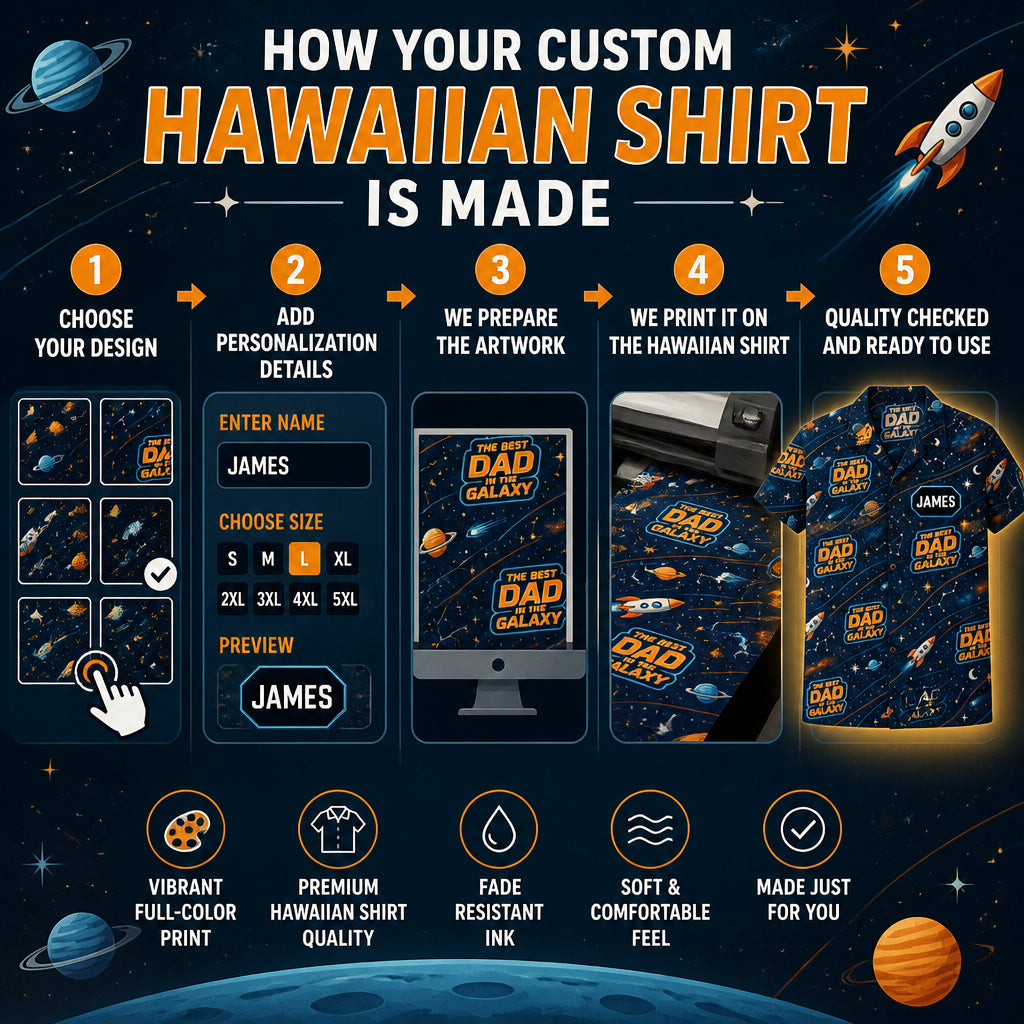 Best Dad in the Galaxy – Retro Space AOP Hawaiian Shirt (Personalized Name) - How to customize