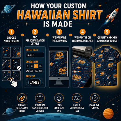 Best Dad in the Galaxy – Retro Space AOP Hawaiian Shirt (Personalized Name) - How to customize