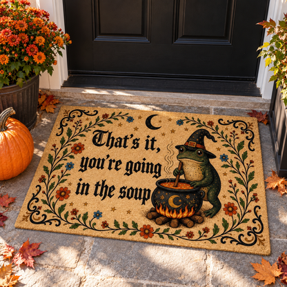 Printed Halloween Fabric Doormat with Witch Frog, Cauldron and Soup Meme Quote bfdfe8f4-7e06-4f4b-acd4-e6687f66aee5-banner-1.png