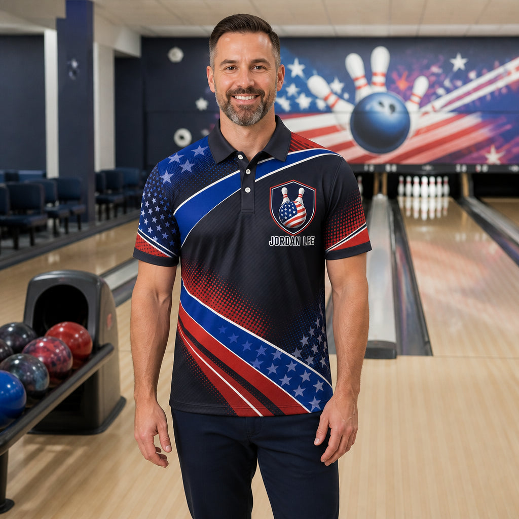 Personalized Stars, Stripes & Strikes Bowling Polo Shirt – Custom Name, All-Over Print